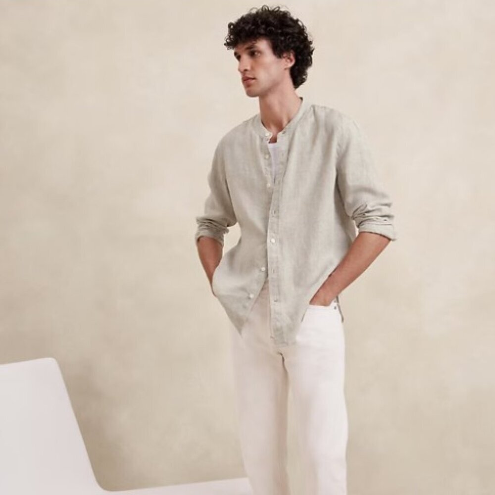 Like New Banana Republic Linen Blend Banded-Collar Shirt | Banana Republic XXL
